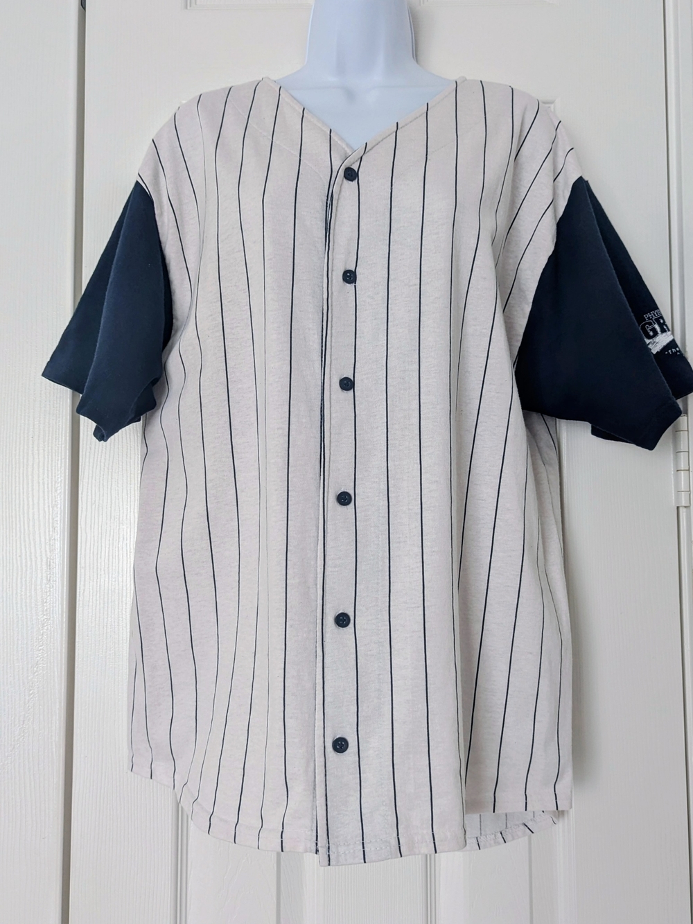 Vintage Badger Sport Men's Pinstripe Baseball Jersey - White with Navy Sleeves - Picture 1 of 7